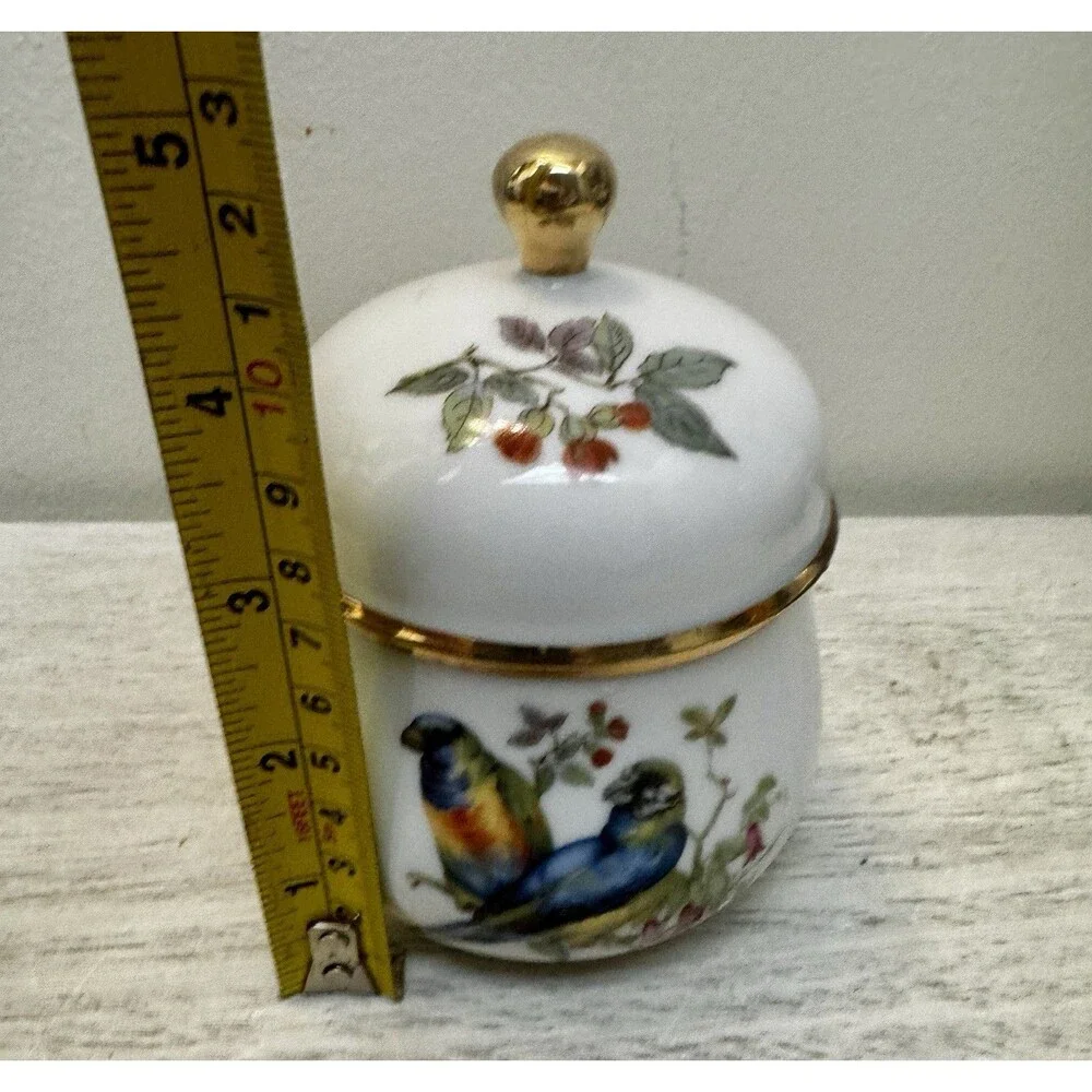 Vintage Schmid Germany Porcelain Trinket Box with Bird Floral Motif Gold Trim